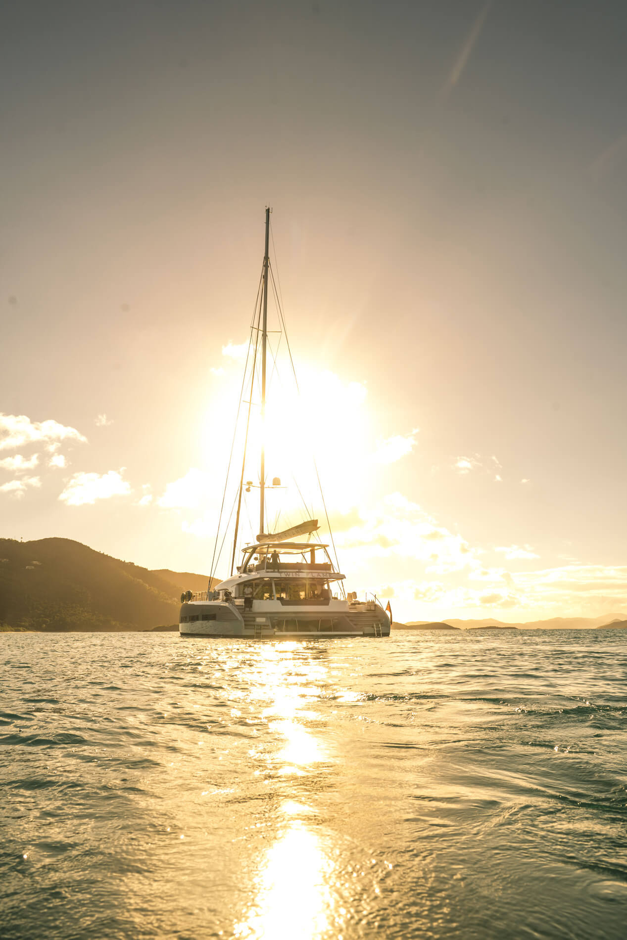 Twin Flame yacht at sunset